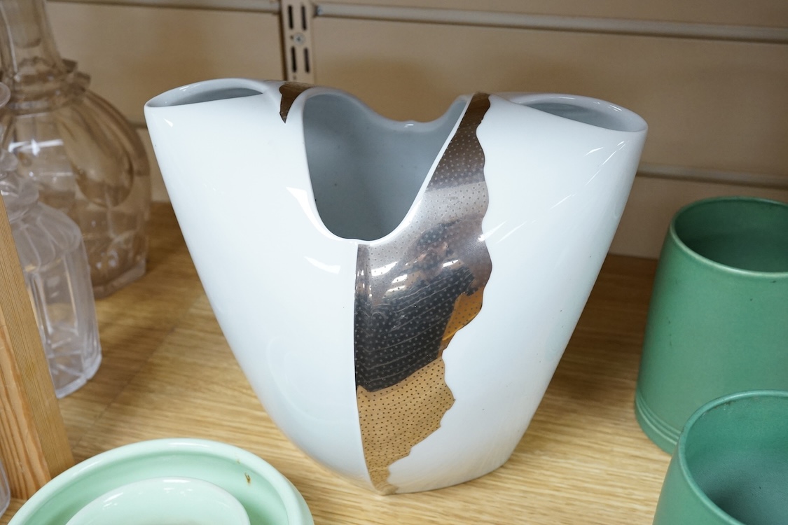A collection of Rosenthal and Wedgwood pottery to include a pair of Keith Murray mugs, abstract vases and an ash tray, largest 25cm high